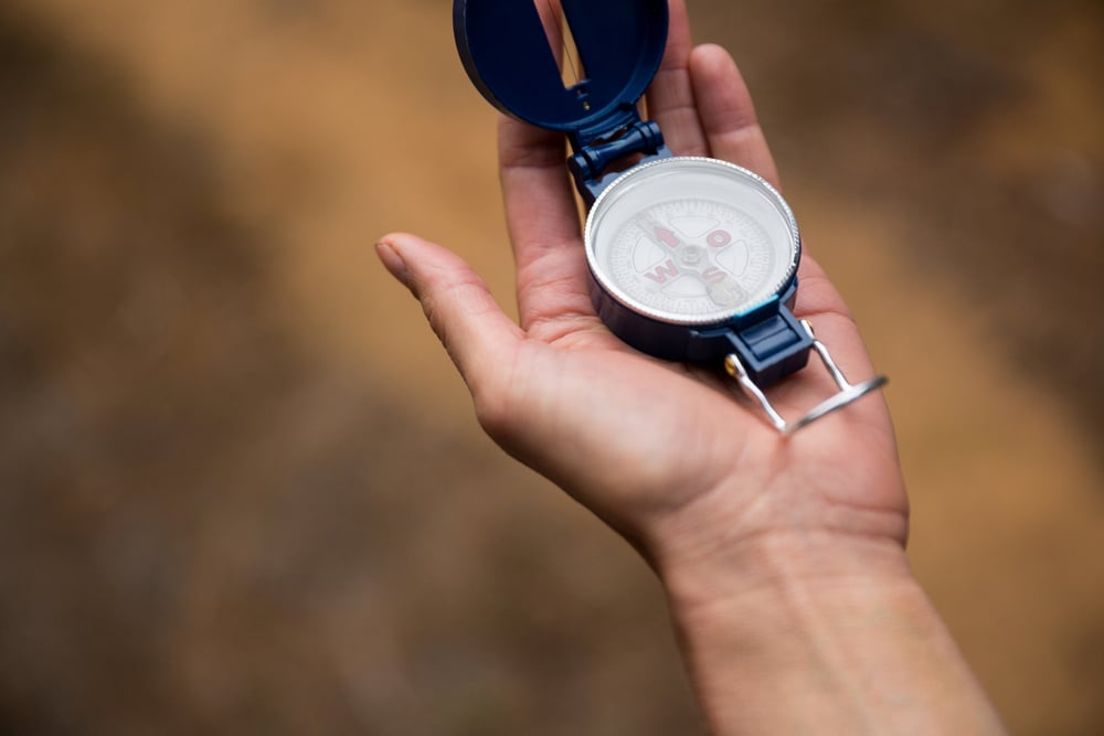 Close-up of hand holding compass in forest-1